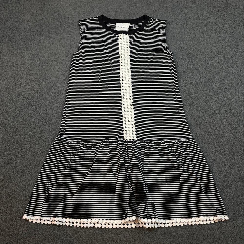 n/nicholas Dress Womens 4 Black White Striped Sleeveless Drop Waist Crochet Trim